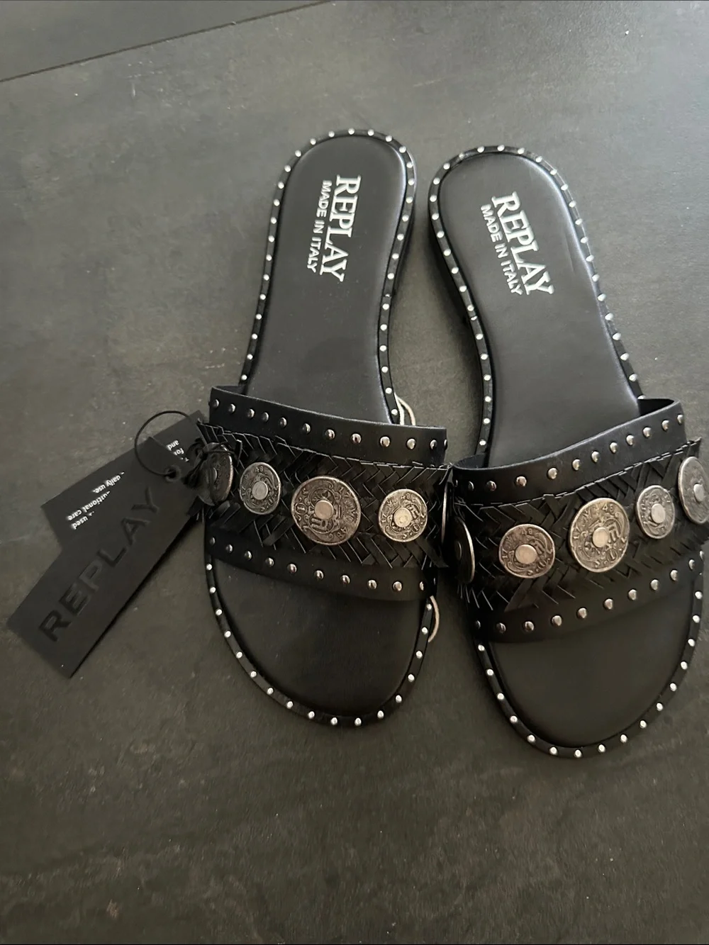 Replay Black Slide Sandals with Silver Coin Accents and Stud Trim